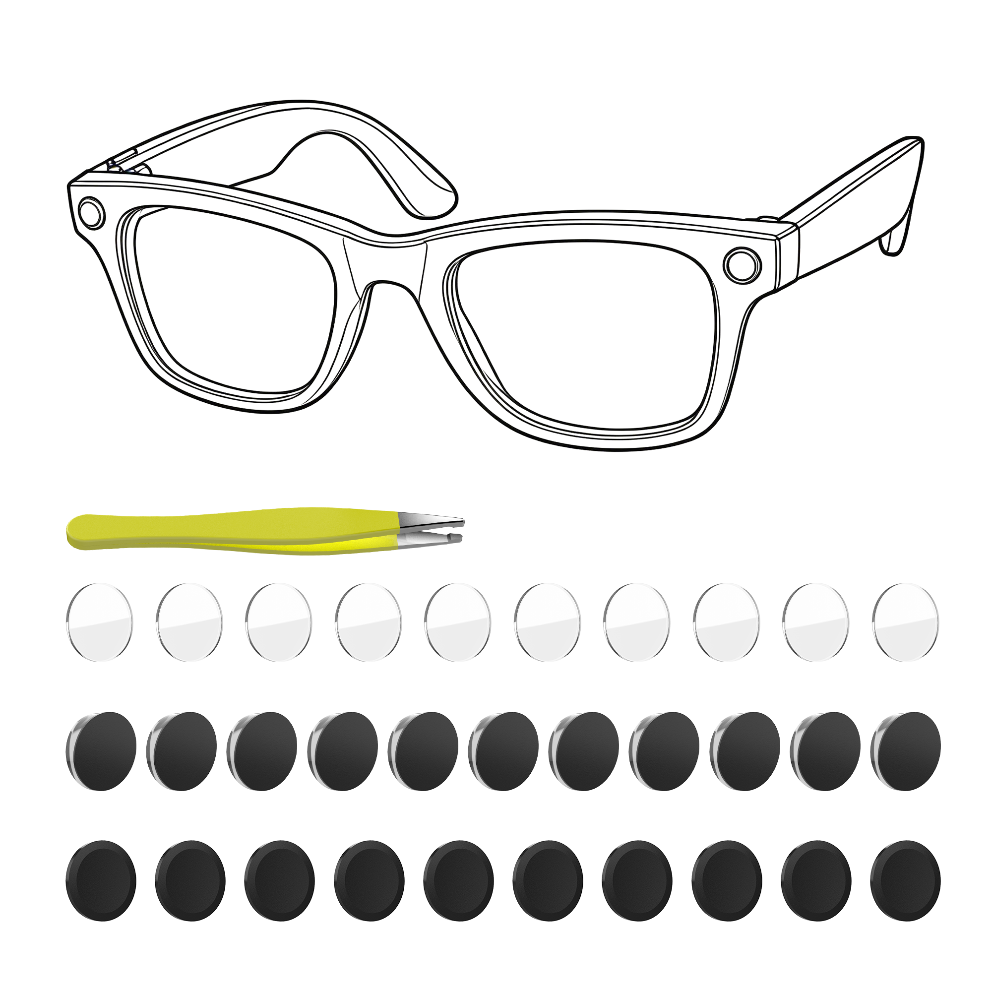 HIBLOKS Anti-Glare LED Sticker Set for Ray-Ban Meta Wayfarer/Skyler/Headliner Gen 2 & Oakley Meta HSTN — 10Pcs LED Anti-Glare Stickers + 10Pcs Lens Protective Stickers + 10Pcs Lens Shade Stickers