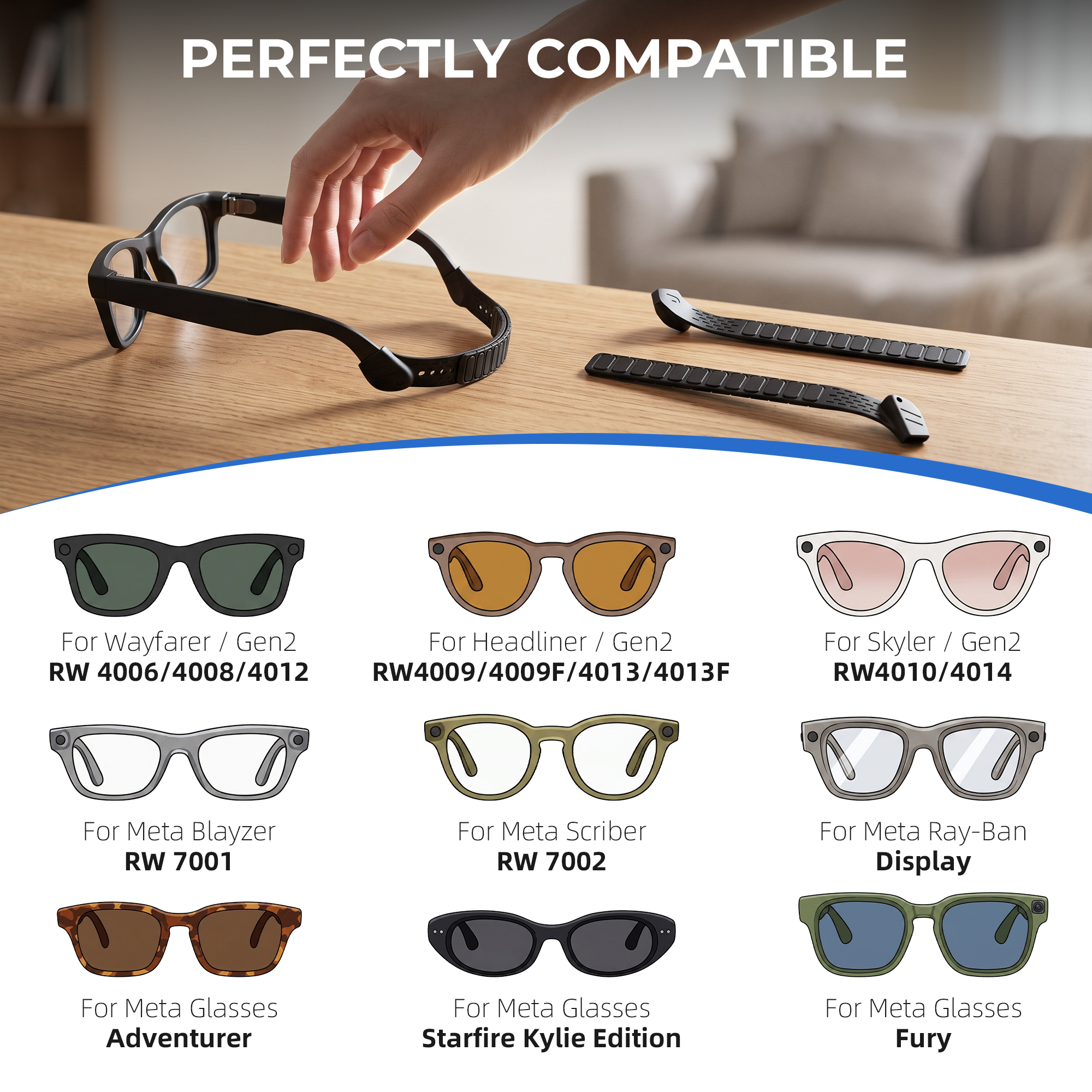 HiBloks Adjustable Silicone Magnetic Glasses Strap for Ray-Ban Meta Gen 1/2 Smart Glasses