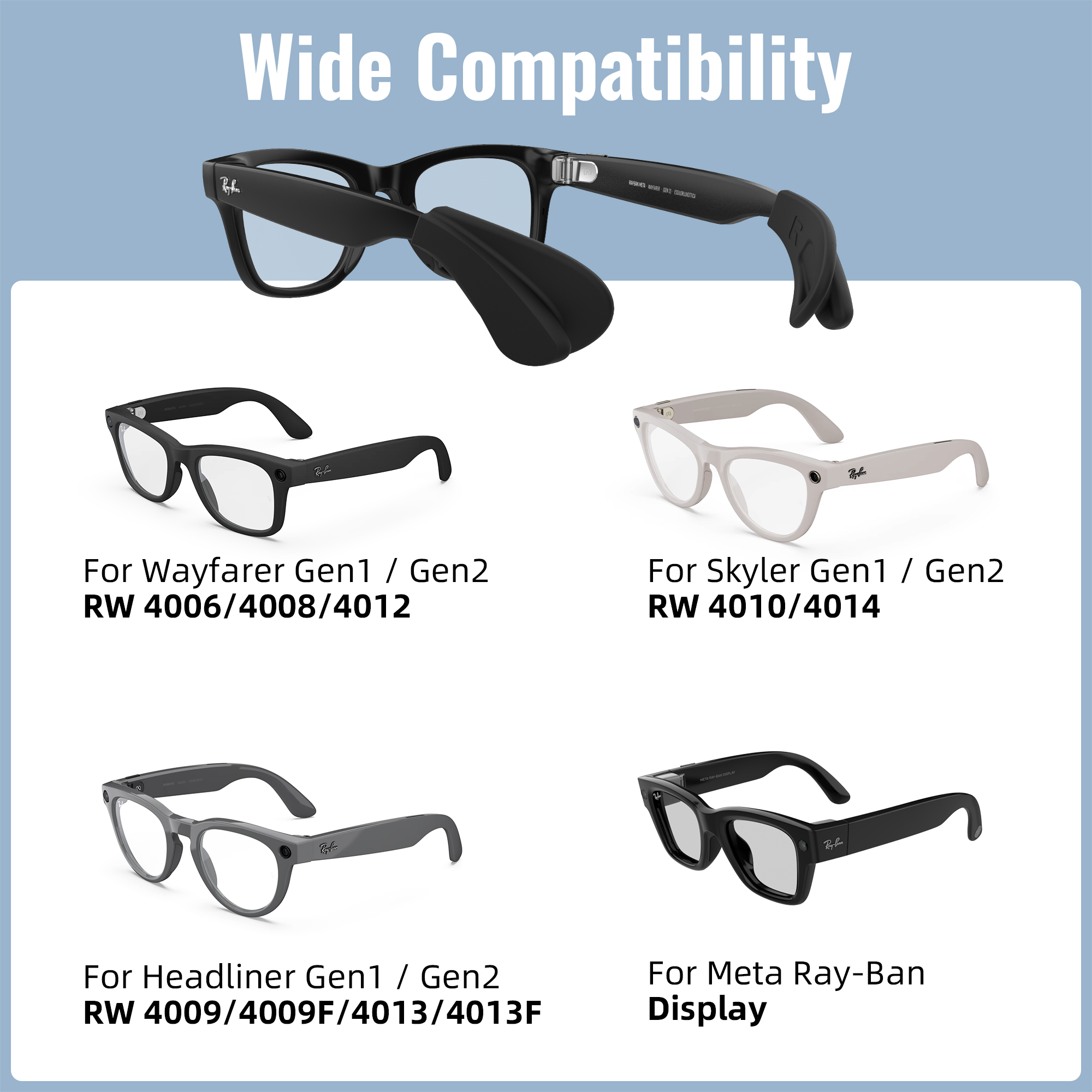 HiBloks Ear Grips with Cushions for Ray-Ban Meta Gen 1 & Gen 2 Wayfarer/Skyler/Headliner/Blayzer, Silicone Temple Tips Sleeve Non-Slip Eyeglasses Retainers Comfortable Ear Hook