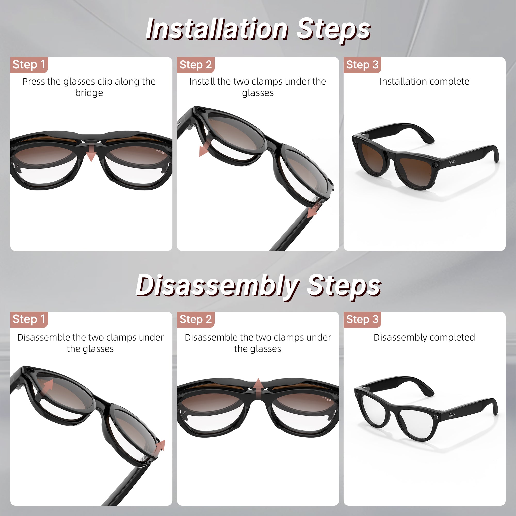 HiBloks 4 Gradient Colors Polarized Clip-on Sunglasses for Ray-Ban Meta Skyler Shiny Black Smart Glasses